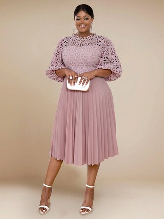 Curve Dresses Summer Pleated Solid Color Lace Patchwork Lantern Sleeve Elegant Plus Size Pink Dresses