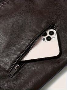 男士夹克，春秋季摩托车夹克，宽松拉链PU皮夹克 - 咖啡棕 - 查看 4