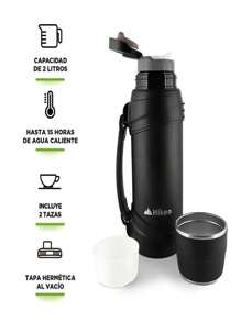 Hikeo Termo de Acero Inoxidable XL (2 Litros) con Doble Pared de Aislamiento al Vacío para Uso Rudo, Frío por 20 Horas y Caliente por 15 Horas, Tapa Hermética, Botella para Agua para Camping y más - Negro - Ver 2