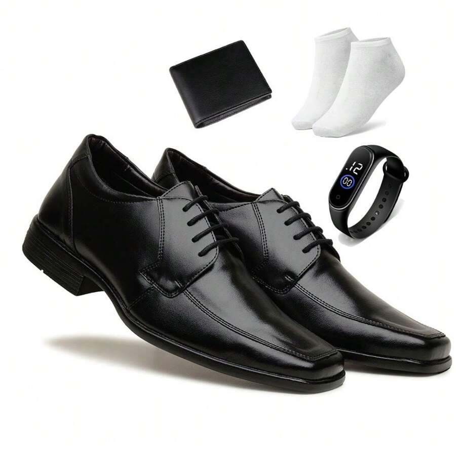 Men's Elegant, Comfortable, Soft, Casual, Luxurious Dress Shoe Kit + Wallet, Watch And Socks - màu đen - Xem 1