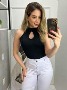 GOTINHA Women's Blouse Ribbed Tank Top High Neck Drop Neckline With Padded Blogger Fashion - 白色 - 查看 2