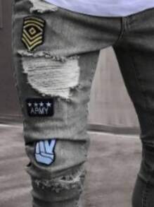 Jeans in denim slavato da uomo con toppe, pantaloni da moto slim fit - Grigio - Visualizzare 4