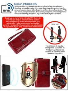 Billetera larga encerado para mujer cartera antimagnética RFID, cartera con cremallera larga, bolso de mano de gran capacidad europeo y americano - Rojo - Ver 4