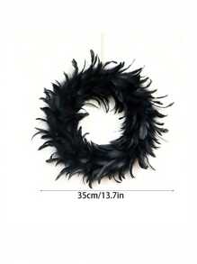 13.7in Black Artificial Feather Wreath, Halloween Front Door Wreath Door Hanging Spooky Scene Decor Photos Props Party Favors For Indoor Outdoor Halloween Christmas Ornaments - 黑色 - 查看 3
