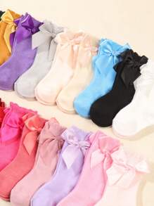 10 Pairs Baby Solid Color Bow Decor Mid-Calf Socks, Autumn/Winter