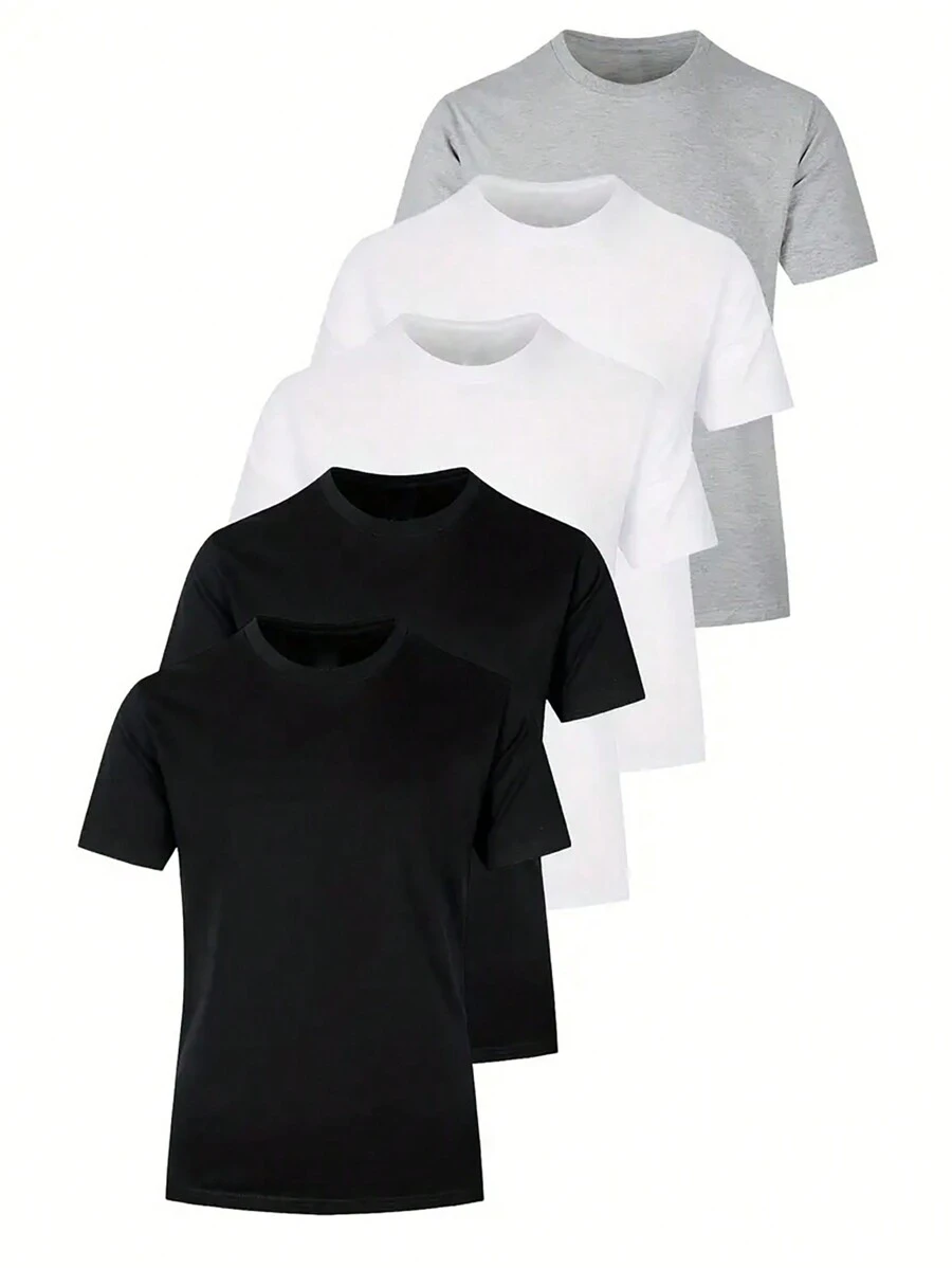 5pcs/Set Men's Solid Color Crew Neck Casual Short Sleeve T-Shirts Set, Summer Tees Set - Black - View 1