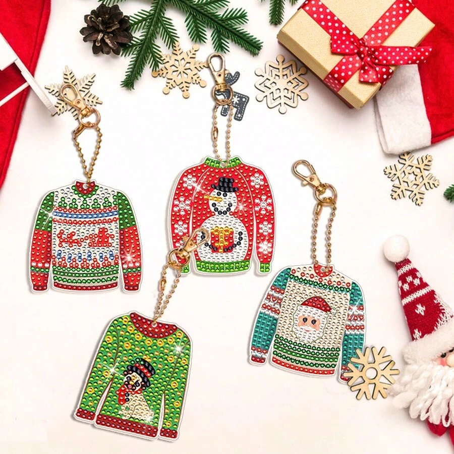 15pcs/Set Christmas Sweater Rhinestone Painting Keychain, 5D Diamond Art Keychain Christmas Rhinestone Painting Craft Kits For DIY Home Decor - Multicolor - View 1