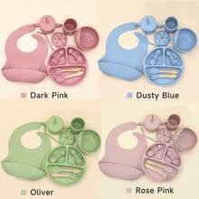 9Pcs  Silicone Baby Tableware Set With Bib, Sippy Cup, Strong Suction Divided Plate, Snail Bowl, Spoon And Fork