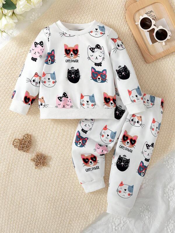 2pcs Young Girls' Casual White Cat Print Long Sleeve Top And Pants Set, Autumn/Winter