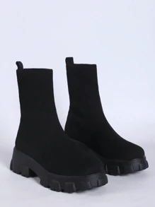 Women Spring Autumn Winter Elastic Knit Mid-Calf Boots, Casual High Top Breathable Thick Sole Outdoor Vacation Stitching Solid Color Comfortable Daily Non-Slip Outfits Party - Black - View 12