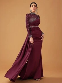 YISIKADO 女士优雅性感网眼串珠缎面立领长袖正式晚礼服、舞会礼服、婚礼宾客礼服、毕业典礼礼服、晚宴礼服