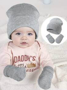 1set Light Grey Baby & Toddler Knitted Beanie Hat + Gloves Combo Set, Autumn/Winter Outdoor Wear