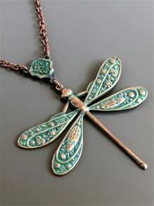 1pc Vintage Bohemian Style Green Dragonfly Design Pendant Necklace, Suitable For Women Party Travel Jewelry Gift