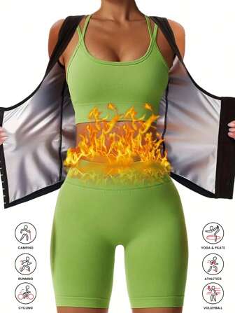 1Set Women's Sweat Sauna Suit, Suitable For Fitness Sweating, Fashionable Slimming And Weightloss, Helpful For Body Shaping. Equipped With Fixed Chest Support Sauna Top, Applicable For Running, Yoga And Fat Burning Workouts. Also Can Be Worn As Sexy Sportswear. Includes 1pc Waist Trimmer For Shaping And Sculpting Workout Underwear Gym Accessories For Belly Slimming Girdles, Lumbar Girdles For Belly Slimming Corset