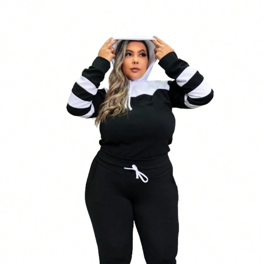 Women's Plus Size Long Sleeve Set Large Sweatshirt Hooded Crepe Knit - 白加 - 查看 1