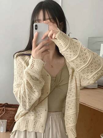 女士春秋季超大落肩长袖韩版镂空针织开衫