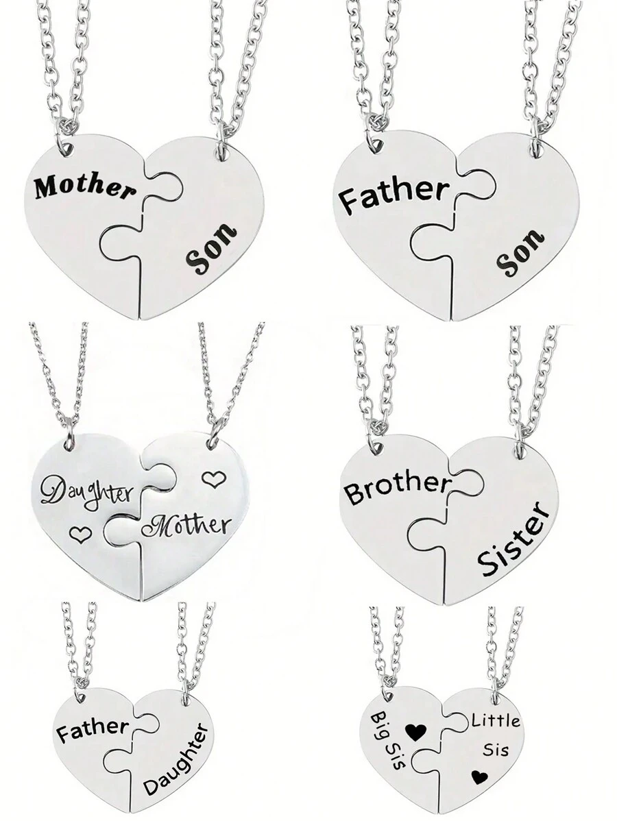 suteyi 2 件不锈钢心形拼图家庭成员感情项链，家庭珠宝礼物项链套装，适合儿子和女儿，友谊礼物 - 銀色 - 查看 1