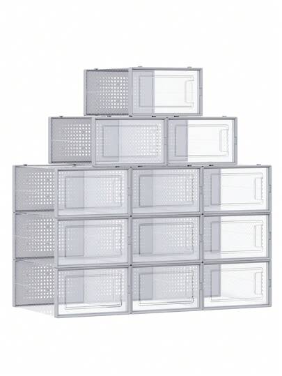  SONGMICS Cajas de Zapatos Plástico, Juego de 12 Organizadores de Almacenamiento, Caja Zapatero Plástico Plegable y Apilable para Zapatillas hasta talla 44, Transparente y Gris