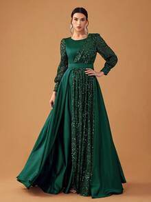 YISIKADO 女士亮片撞色缎面正式晚礼服优雅舞会礼服圆领长袖端庄长裙婚礼宾客晚宴毕业 - 墨綠色 - 查看 4