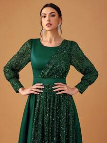 YISIKADO 女士亮片撞色缎面正式晚礼服优雅舞会礼服圆领长袖端庄长裙婚礼宾客晚宴毕业 - 墨綠色 - 查看 7