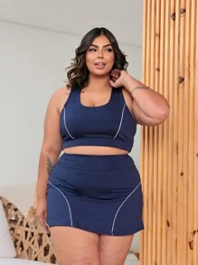 Top + Shorts Skirt Set Workout Gym Plus Size Women's Clothing - 藏蓝色 - 查看 4