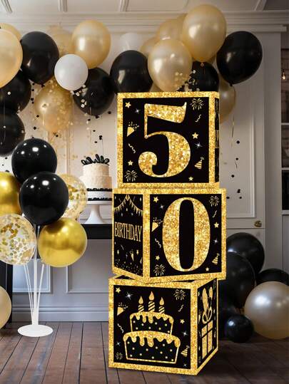 3pcs/Set Black & Gold 50th Birthday Paper Boxes, 18/30/40/50/60/70/75/80 Years Old Birthday Party Decorations, 40/50/60 Years Old Supplies, Happy Birthday Party Decorations, Home Party Background Decor Boxes, Party Background Decor, Photography Props, Surprise Gift Packaging Boxes