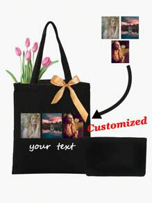 2个定制图案帆布手提袋，独特设计（照片、风景、插画），可折叠，大容量，轻便，时尚，个性化手提包，单肩包，休闲购物袋 - 黑色 - 查看 1