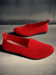 Women's Black Knitted Flat Ballerina Shoes, Hollow Out Breathable Lightweight Comfortable Elegant Sneakers For Casual, Housework, Outdoor, Suitable For Slim, Wide Or Large Feet (Suggest Ordering One Size Up), Random Floral Pattern