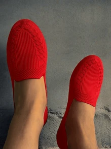 Women's Black Knitted Flat Ballerina Shoes, Hollow Out Breathable Lightweight Comfortable Elegant Sneakers For Casual, Housework, Outdoor, Suitable For Slim, Wide Or Large Feet (Suggest Ordering One Size Up), Random Floral Pattern