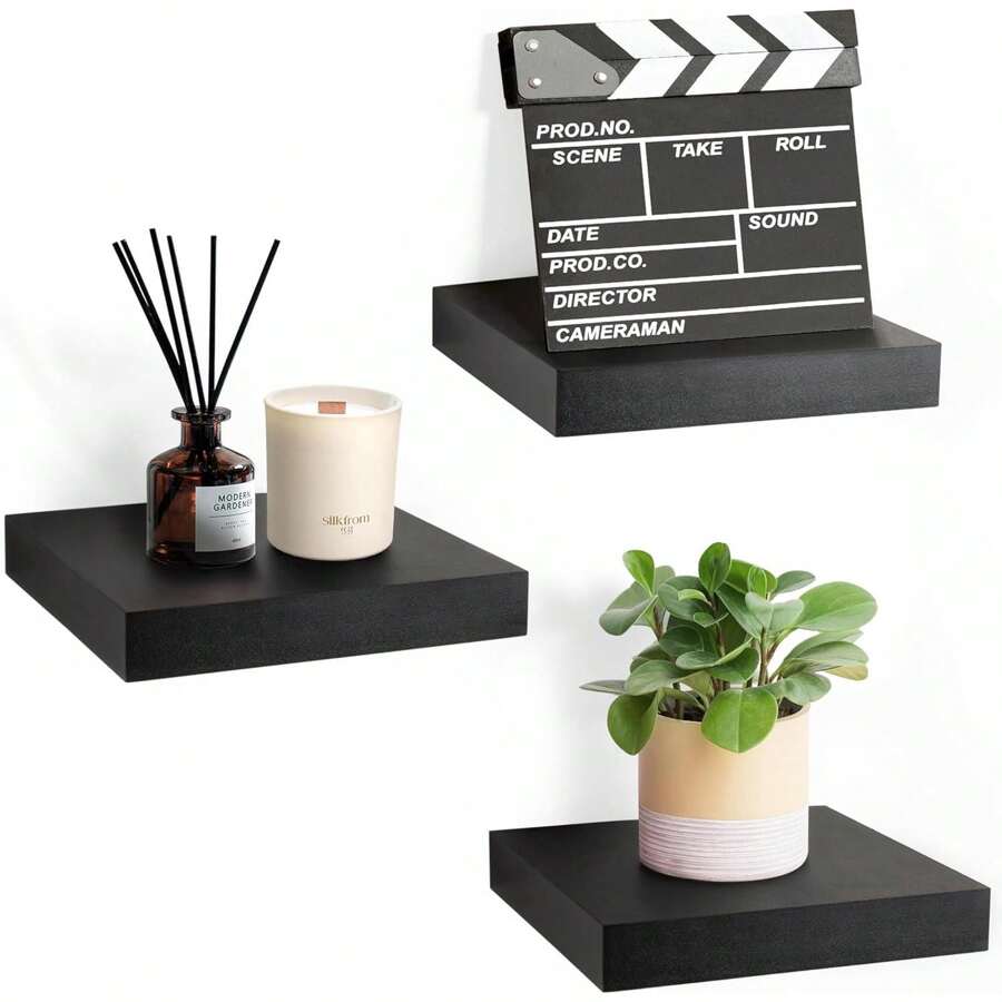 Set Of 3 (9") Sorbus Square Floating Shelves With Invisible Mounting Brackets For Living Room Decor, Bedroom, Bathroom Decor, Home & Kitchen (Black) - màu đen - Xem 1