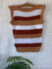 Women's Colorful Striped Knit Tank Top - Summer Blouse With Ruffle Sleeves Knit Casual Basic Stripes - 鏽棕色 - 查看 2