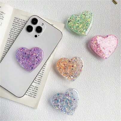 Resin Glitter Heart-Shaped Phone Holder Ring, Compatible With Apple 14, 1ung Phones, GlitSlouchyLazy Bracket Accessory