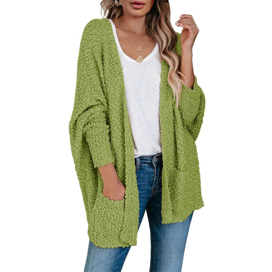 Women's Chunky Popcorn Cardigan Oversized Open Front Boyfriend Batwing Long Sleeve Fuzzy Knit - Green - View 1