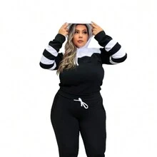 Women's Plus Size Long Sleeve Set Large Sweatshirt Hooded Crepe Knit - 白加 - 查看 2