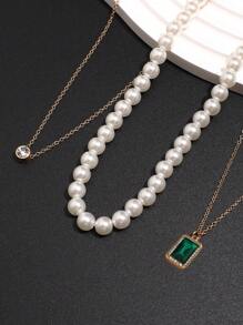 3pcs/Set Fashionable Cubic Zirconia & Faux Pearl Necklace Set For Men, Lightweight Luxury Everyday Wear Jewelry