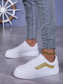 Women's Classic Casual Sports Skateboard Shoes, Student Fashion Outdoor Sneakers - Gold - View 1