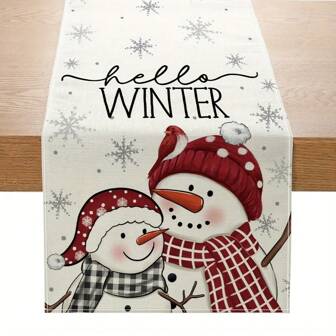 1pc Polyester Snowman Patterned Christmas Table Runner, 100% Polyester Fiber Rectangular Holiday Table Decor, Single-Sided Printing, Woven Craft, Ideal For Winter Seasonal Kitchen And Dining Room Decor, Family Party Holiday Snowflake Decoration