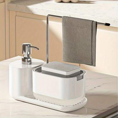 1 Piece Kitchen Multi-Function Soap Dispenser Set With Tray And Sponge Holder, Dish And Hand Soap Dispenser With Stainless Steel Dish Cloth Holder, 4 In 1 Kitchen Sink Countertop Storage Organizer, Useful Kitchen Bathroom Gadgets Kitchen Items Kitchen Accessories Kitchen Tools
