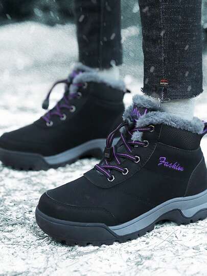 Zapatos de mujer para deportes al aire libre de invierno nuevos de moda, de alta calidad, antideslizantes, con cierre de gancho y bucle, con patrón de bordado de letras, parte superior de unicolor, adecuados para senderismo, correr, botas de tobillo gruesas y cálidas para mujeres de exterior