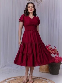 Women's Midi Dress Beautiful V-Neck Casual Simple Elegant Fitted Perfect Fit Short Sleeve 2 Marias Lined With Elastane - Gỗ đỏ - Xem 4