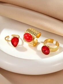 Set de 3 anillos de acero inoxidable con piedras de zirconia roja en forma de lágrima, redonda y óvalo de turquesa, en tono dorado de moda exagerado, adecuado para decoración diaria de mujer o como regalo