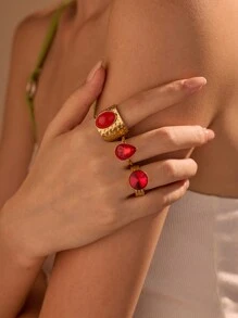 Set de 3 anillos de acero inoxidable con piedras de zirconia roja en forma de lágrima, redonda y óvalo de turquesa, en tono dorado de moda exagerado, adecuado para decoración diaria de mujer o como regalo