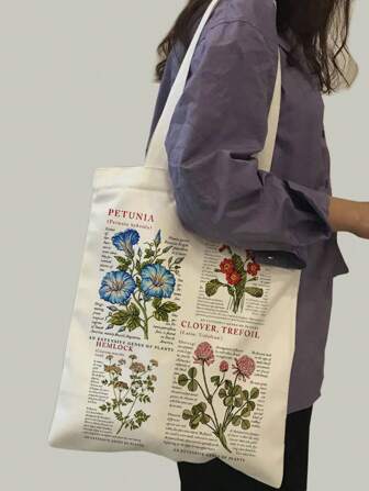 Bolso de lona con asa de hombro con estampado floral y de letras, bolso de mano de moda, bolso de compras casual para mujeres, estudiantes, trabajadores de oficina, viajes, regalos