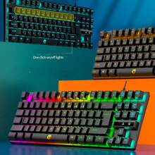 87-Key Rainbow Backlit Mechanical Feeling Wired Keyboard With Floating Keycaps For Gaming - Black - View 5