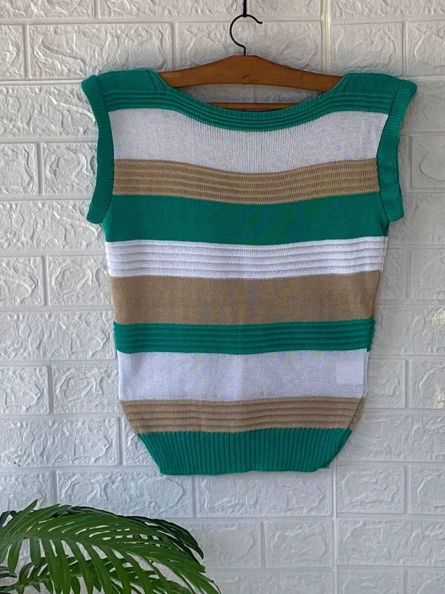 Women's Colorful Striped Knit Tank Top - Summer Blouse With Ruffle Sleeves Knit Casual Basic Stripes - 綠色 - 查看 1