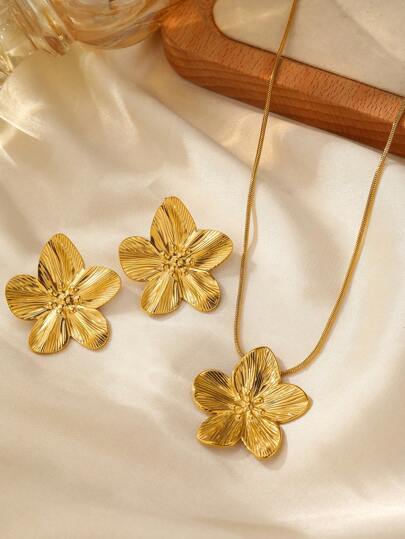 Aomogo 2pcs/Set & Elegant Unique Floral Stainless Steel Earrings And Necklace Jewelry Set
