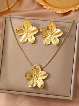 Aomogo 2 piezas/Set conjunto de joyas elegante y de con pendientes y collar de acero inoxidable con diseño floral único