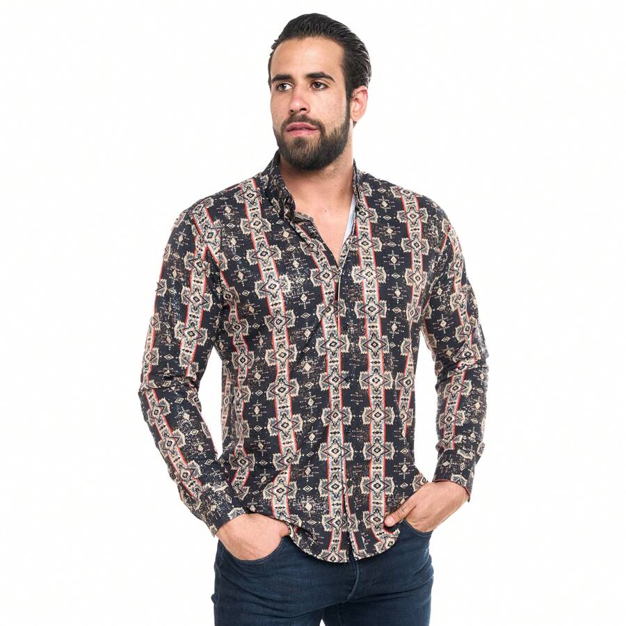 CAMISA HOMBRE CASUAL NEGRO ESTAMPADO COLORES - Negro - Ver 1
