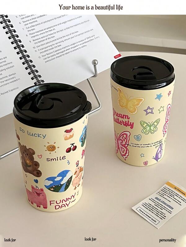 1pc 360ML Small Cartoon Animal Pattern Vacuum Bottle With Lid 304 Stainless Steel Cup, Including Coffee Cup With Love, Bear And Dog Patterns, Water Cup Thermal Insulation Water Cup Thermal Insulation Water Cup Couple Water Cup Water Bottle Back To School