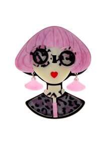 1pc Women Personalized Girl Wearing Glasses Acrylic Brooch, Portrait Style Pin For Jackets, Backpacks